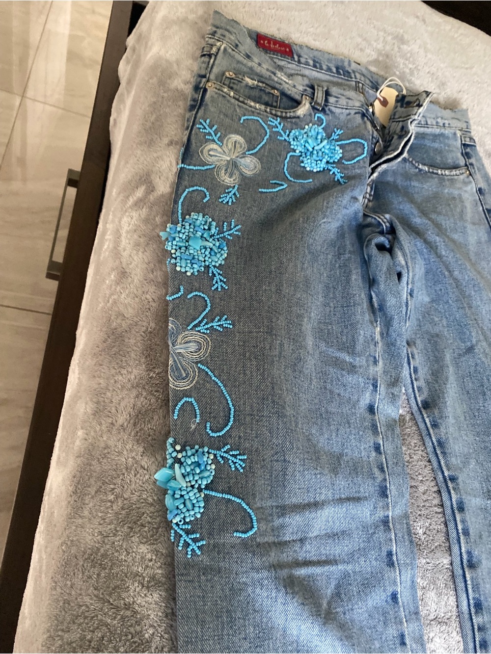 Light Blue Skinny Jeans with Aqua Bead Floral Embellishment
